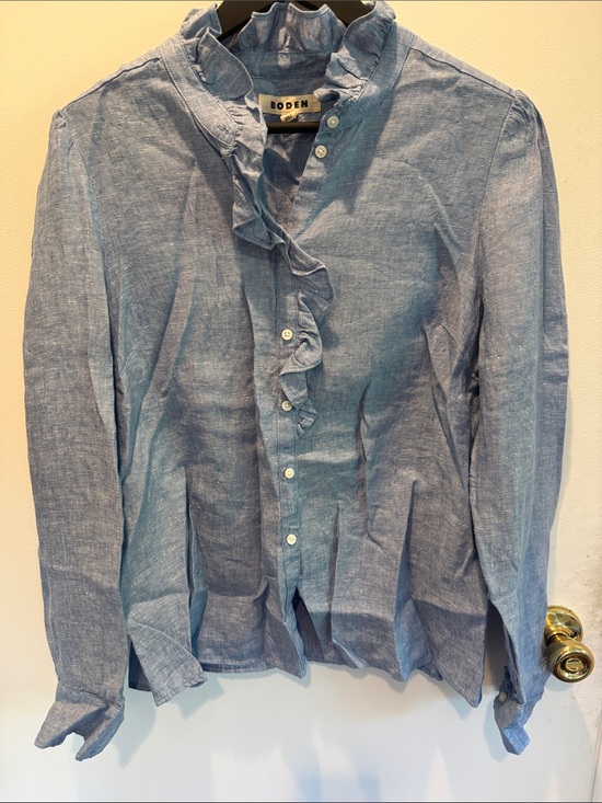 Boden Tops - Boden Light Blue Ruffle-Front Blouse chambray!